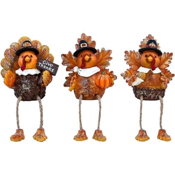 3 Pcs Resin Pilgrim Turkey Figurines Thanksgiving Decorative Shelf Sitters - Picture 1 of 6